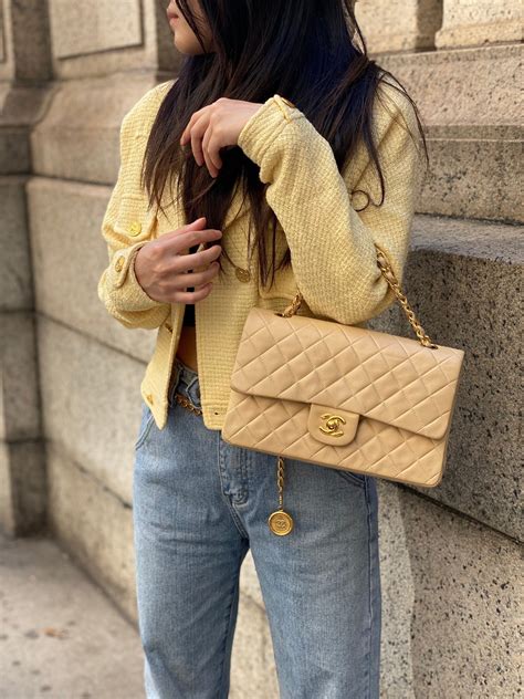 chanel classic flap beige outfit|chanel vintage full flap.